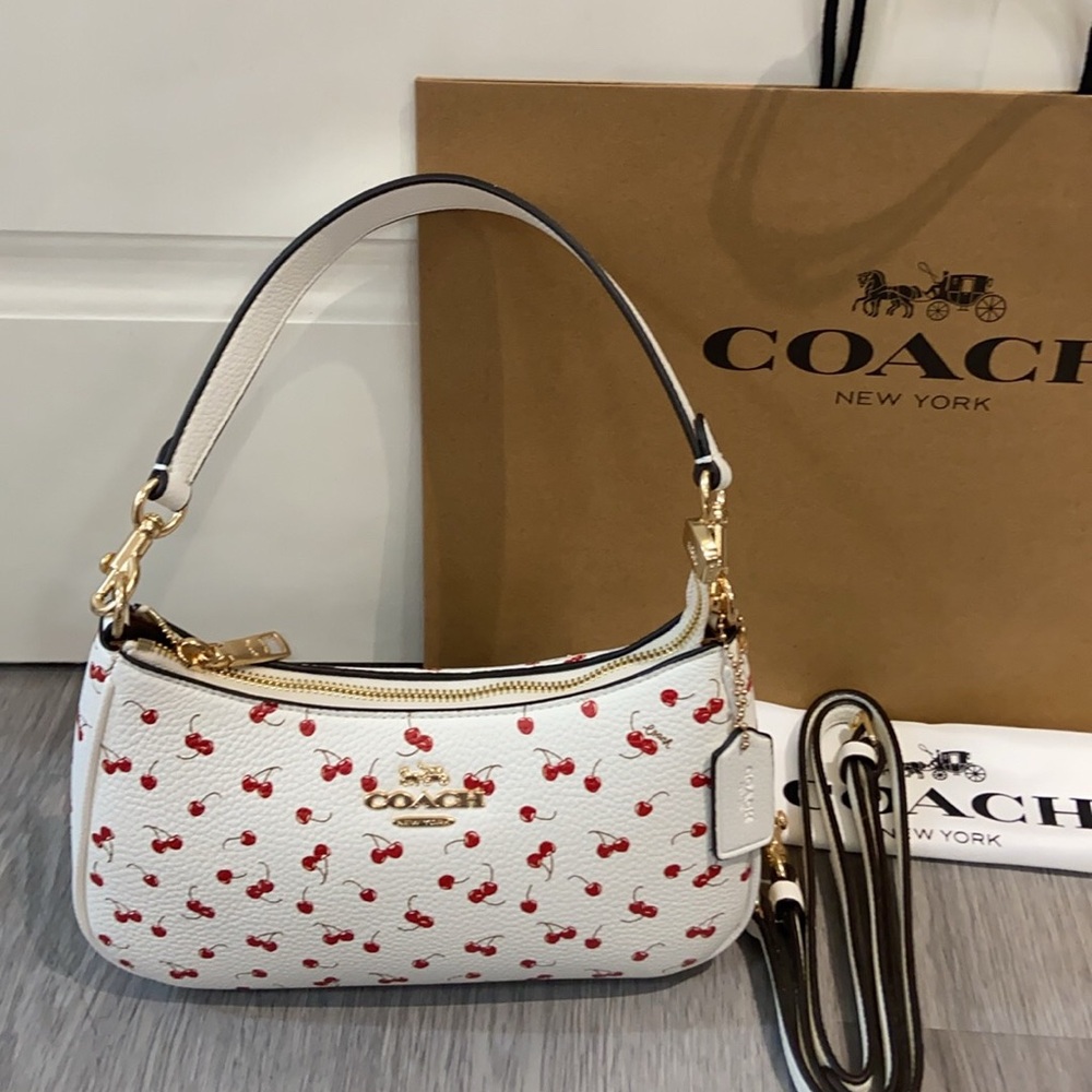 Coach Teri Shoulder Bag White Canvas Cherry Print Crossbody Handbag sice:24